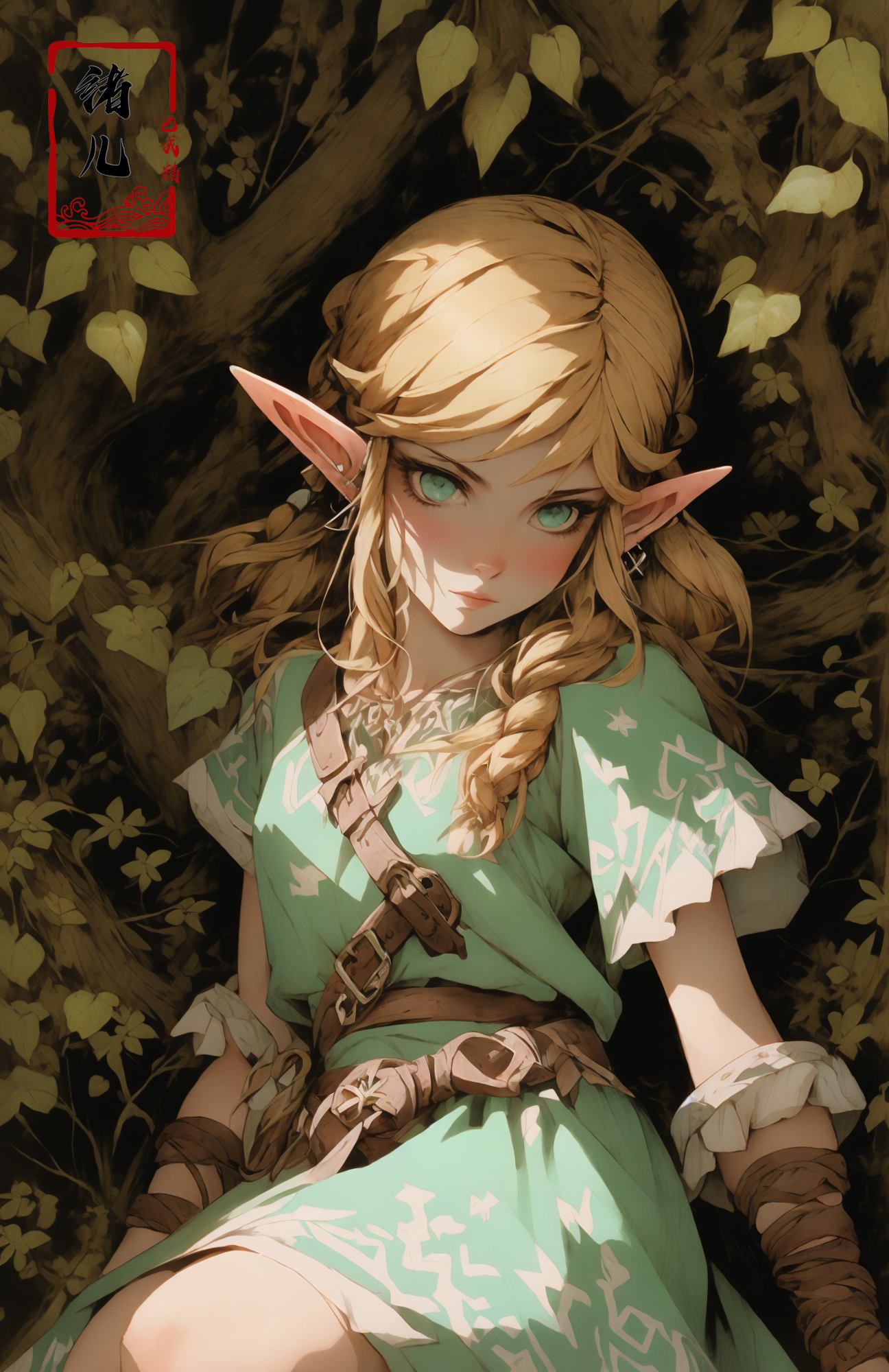 606247209521969078-3908402125-legend of zelda link between forest and ice, in the style of romantic illustrations, goblin academia, green and bronze, romantic.jpg